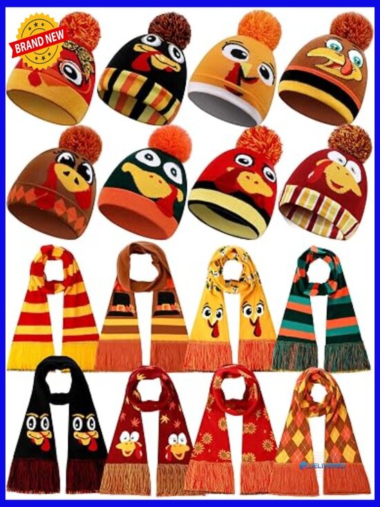 8 Piece Fall Beanie and Scarf Set Knit Acrylic Hat Scarf Combo Turkey Hat main image 4